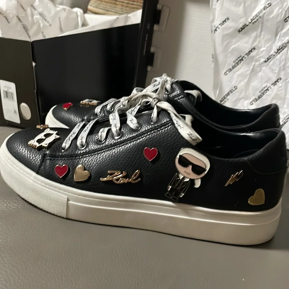 Karl Lagerfeld Paris Black Leather Sneakers with Cate Pins - Picture 1 of 10
